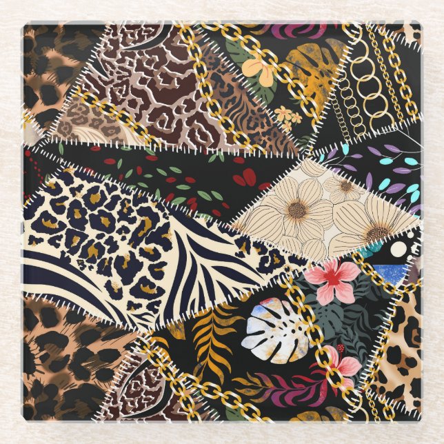 Patchwork Leopard: Ethnic Lining Design. Glasuntersetzer (Vorderseite)