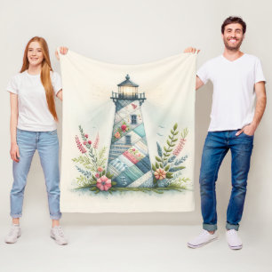 Patchwork-Leuchtturm-Küstenblumen-Szene Fleecedecke