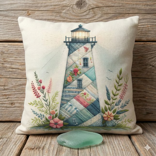 Patchwork-Leuchtturm-Küstenblumen-Szene Kissen (Patchwork Lighthouse Coastal Floral Scene Throw Pillow )