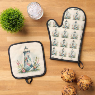 Patchwork-Leuchtturm-Küstenblumen-Szene Ofenhandschuh & Topflappen-Set