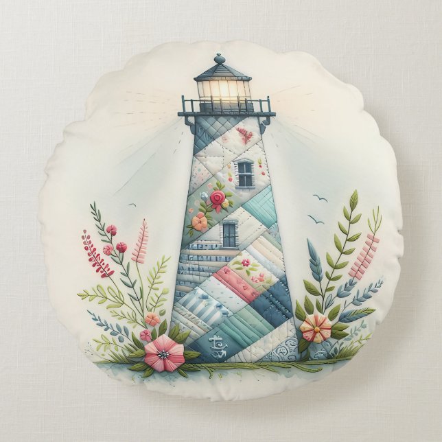 Patchwork-Leuchtturm-Küstenblumen-Szene Rundes Kissen (Vorderseite)