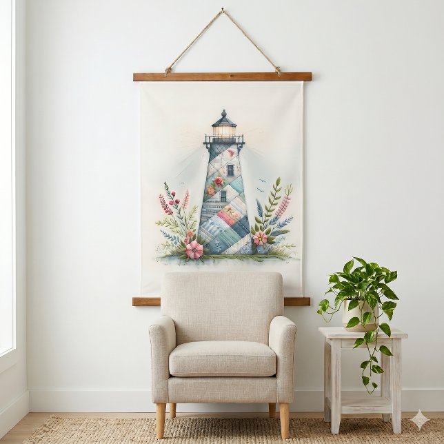 Patchwork-Leuchtturm-Küstenblumen-Szene Wandteppich Mit Holzrahmen (Patchwork Lighthouse Coastal Floral Scene Hanging Tapestry)