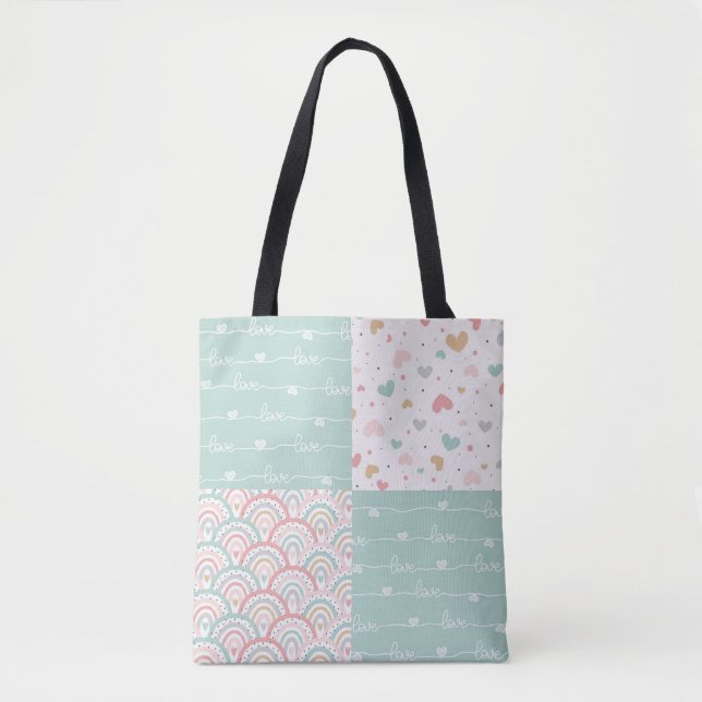 Patchwork Liebe Rainbow Pastel Hearts Tote Bag Tasche (Vorderseite)
