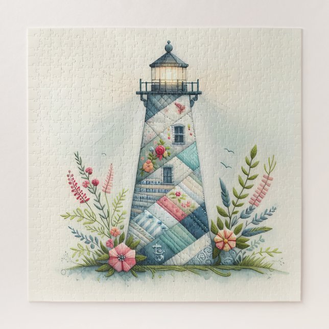Patchwork Lighthouse Coastal Floral Scene (Vertikal)