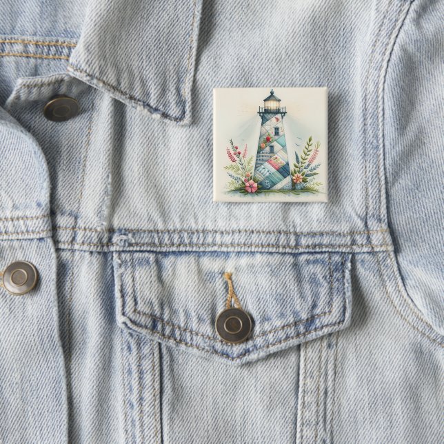 Patchwork Lighthouse Coastal Floral Scene Button (Beispiel)