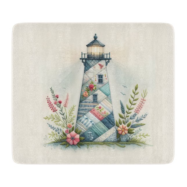 Patchwork Lighthouse Coastal Floral Scene Schneidebrett (Vorderseite)