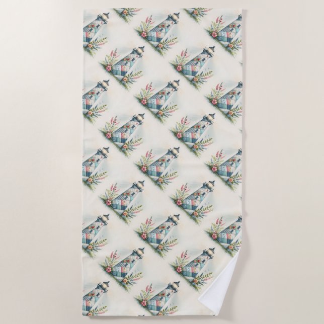 Patchwork Lighthouse Coastal Floral Scene Strandtuch (Vorderseite)