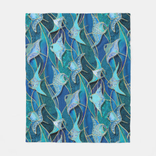 Patchwork Manta Rays in Sapphire Türkise Blue Fleecedecke