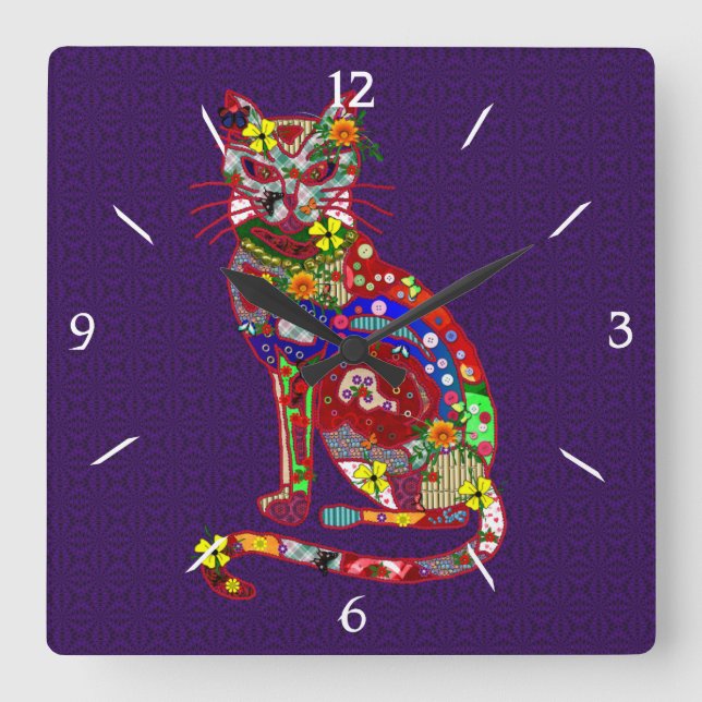 Patchwork-Miezekatze Quadratische Wanduhr (Vorderseite)