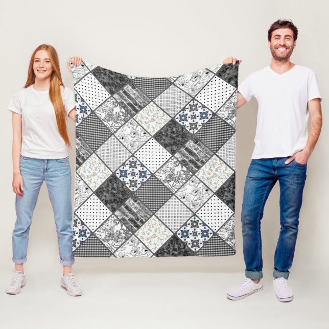 Patchwork monochrom schwarz-grau-weiß Patchwork qu Fleecedecke (Beispiel)