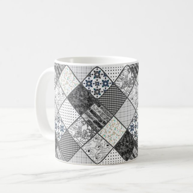 Patchwork monochrom schwarz grau weiß patchwork qu kaffeetasse (Vorderseite Links)