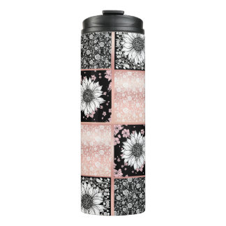 Patchwork-Muster für rosa und schwarze Blume Thermosbecher