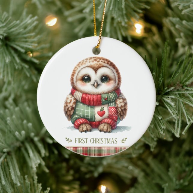Patchwork Owl First Christmas Keepsake Photo Keramik Ornament (Baum)