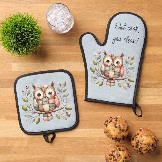 Patchwork Owl in Whimsical Woodland Ofenhandschuh & Topflappen-Set (Oben Unten)