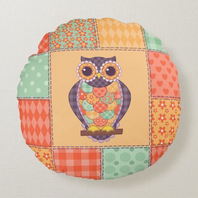 Patchwork Owl Vintages Nahtloses Muster Rundes Kissen (Vorderseite)