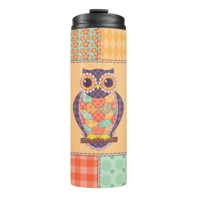 Patchwork Owl Vintages Nahtloses Muster Thermosbecher (Vorderseite)
