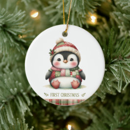 Patchwork Penguin First Christmas Keepsake Photo Keramik Ornament