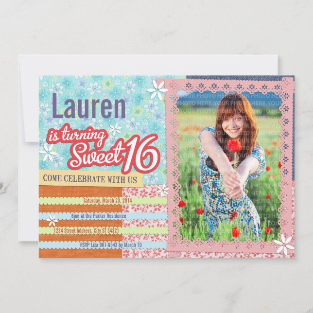 Patchwork & Pink Lace Sweet 16 Foto Einladung (Vorderseite)