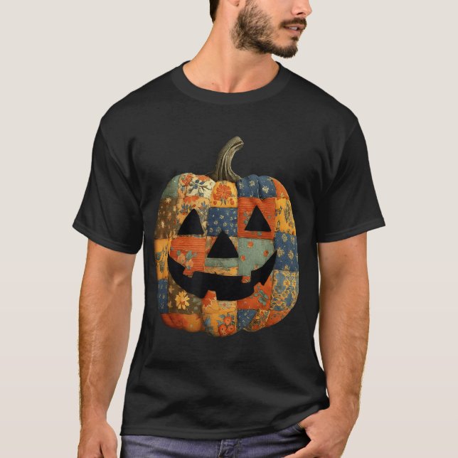 Patchwork Pumpkin-gequiltete Halloween Fall T-Shirt (Vorderseite)