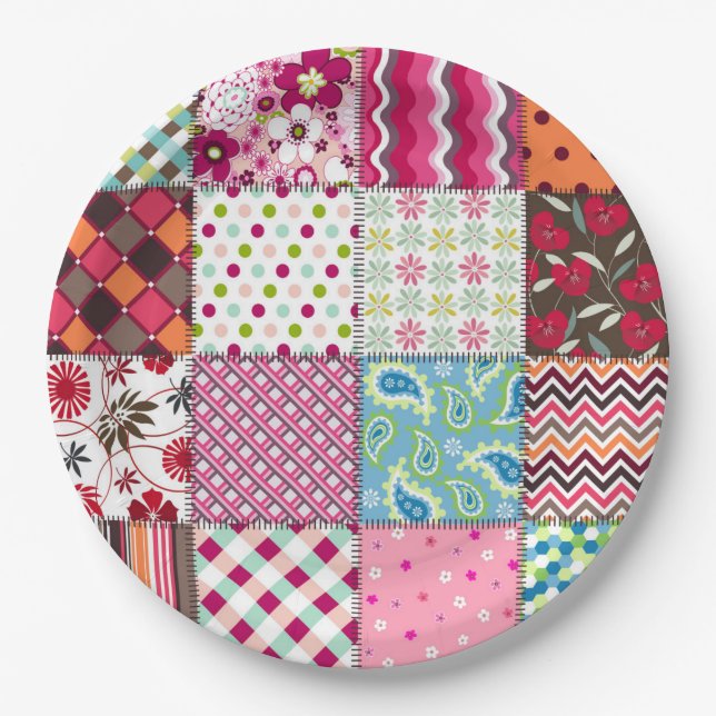 Patchwork-Quilt Mehrfarbig Gingham Pappteller (Vorderseite)