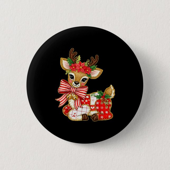 Patchwork Reindeer Preppy Girly Christmas Xmas Hol Button (Vorderseite)
