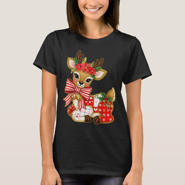 Patchwork Reindeer Preppy Girly Christmas Xmas Hol T-Shirt (Vorderseite)