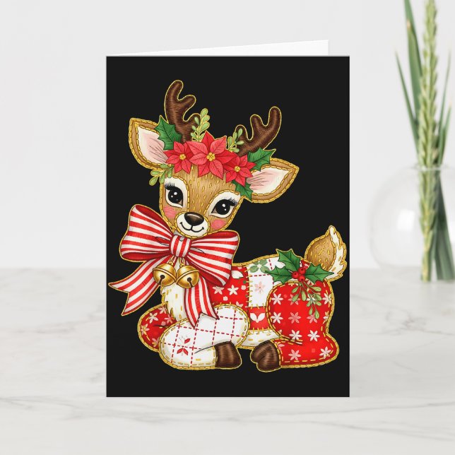 Patchwork-Rentier-Schickes-Mädchen-Weihnachten-Xma Karte (Vorderseite)