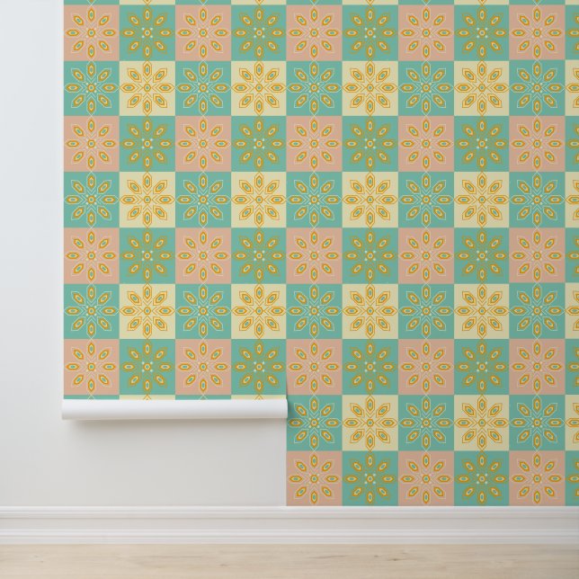 Patchwork Retro Mitte Jahrhunderts Blumen Tapete (Anwendung)