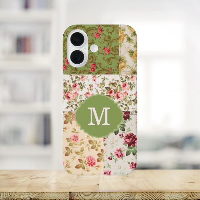 Patchwork Rose Custom Monogram iPhone 16 Hülle (Von Creator hochgeladen)