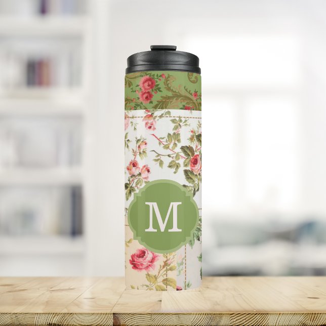 Patchwork-Rose mit individuellem Monogramm Thermosbecher (Von Creator hochgeladen)