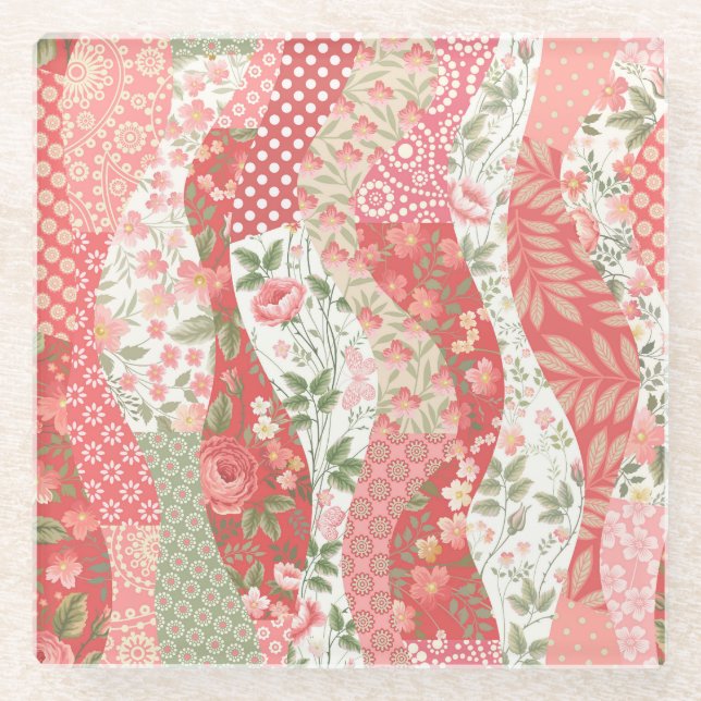 Patchwork-Rose: nahtloses Musterdesign. Glasuntersetzer (Vorderseite)