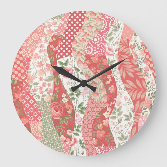Patchwork-Rose: nahtloses Musterdesign. Große Wanduhr (Vorderseite)