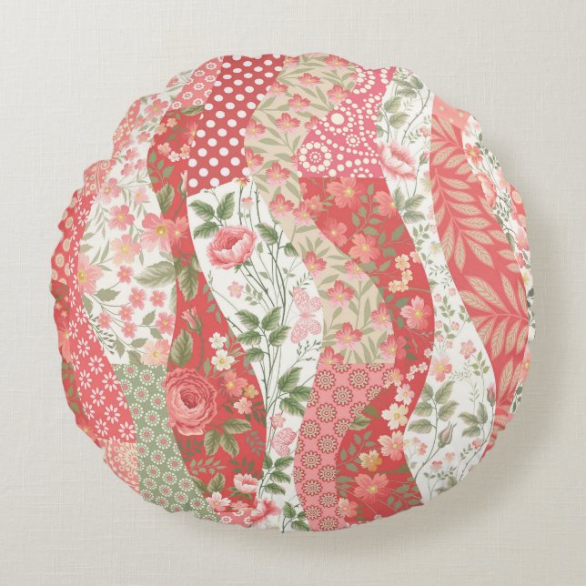 Patchwork-Rose: nahtloses Musterdesign. Rundes Kissen (Vorderseite)
