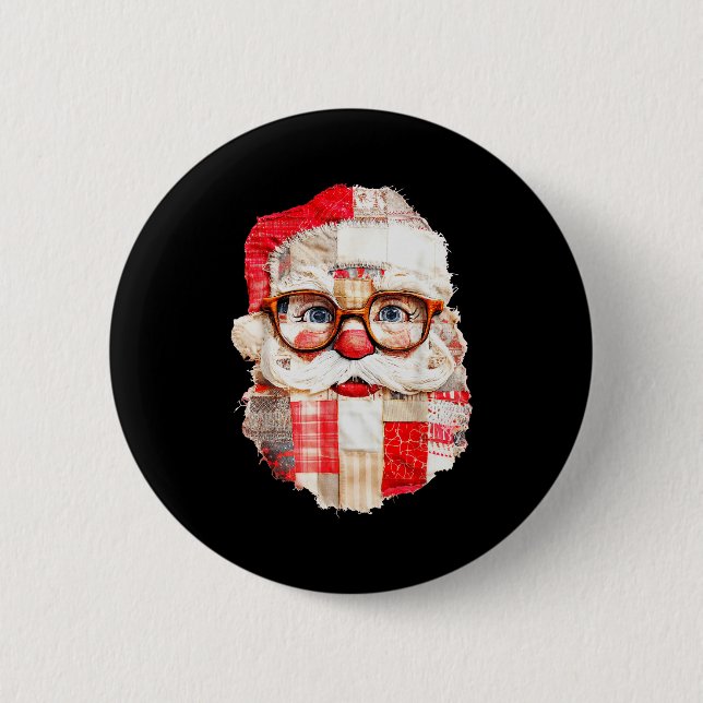 Patchwork Santa Claus Face Preppy Girly Christmas  Button (Vorderseite)