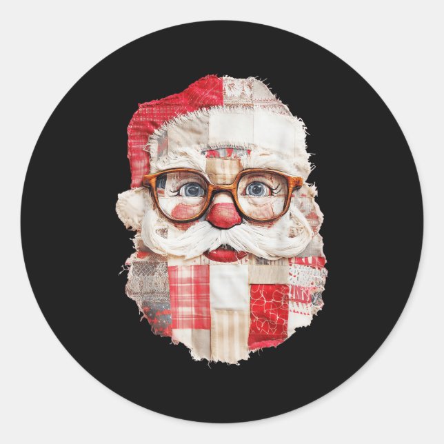 Patchwork Santa Claus Face Preppy Girly Christmas  Runder Aufkleber (Vorderseite)