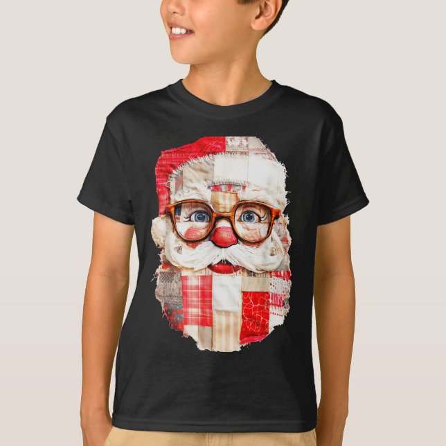 Patchwork Santa Claus Face Preppy Girly Christmas  T-Shirt (Vorderseite)