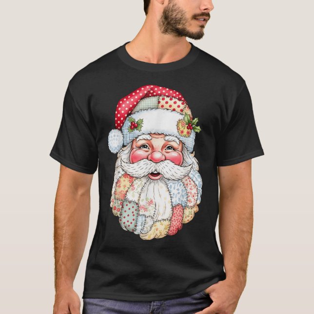 Patchwork Santa Claus Face Preppy Girly Christmas  T-Shirt (Vorderseite)