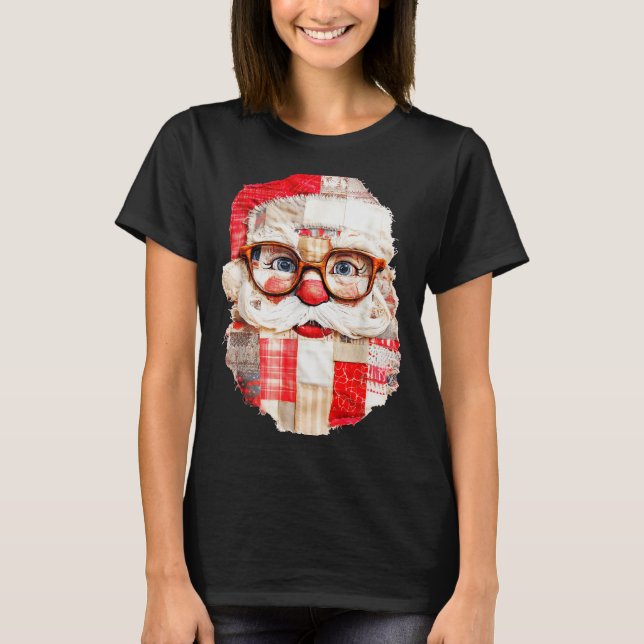 Patchwork Santa Claus Face Preppy Girly Christmas  T-Shirt (Vorderseite)