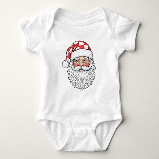 Patchwork Santa Face Doodle Art Pen and Ink Style Baby Strampler (Vorderseite)