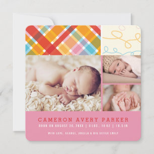 Patchwork-Schecks Baby Mädchen Geburtsanzeige Kart Ankündigung
