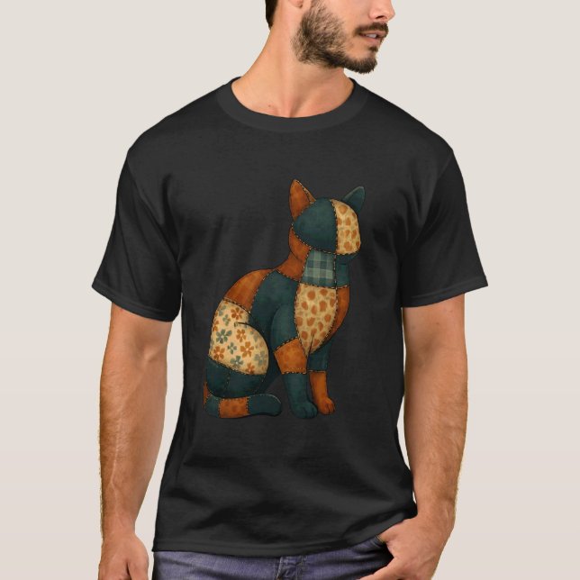 Patchwork-Schwarze-Katze-Halloween-Quilt-Muster T-Shirt (Vorderseite)
