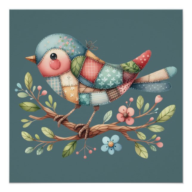 Patchwork-Singvogel auf blühendem Ast Poster (Vorderseite)