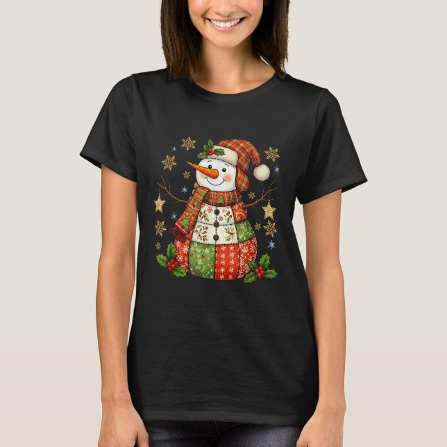 Patchwork Snowman Preppy Girly Christmas Xmas Holi T-Shirt (Vorderseite)