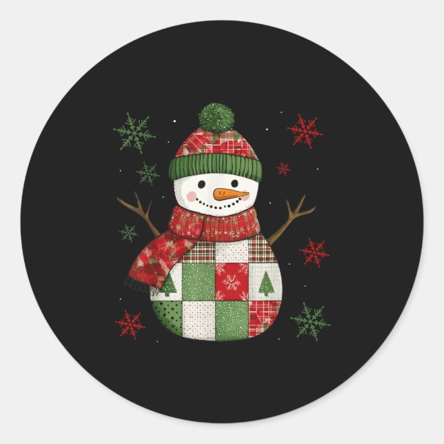 Patchwork Snowman Retro Funny Christmas Snowman Ho Runder Aufkleber (Vorderseite)