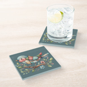Patchwork Songbird auf der blühenden Zweigstelle Glasuntersetzer