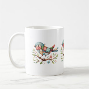 Patchwork Songbird auf der blühenden Zweigstelle Kaffeetasse