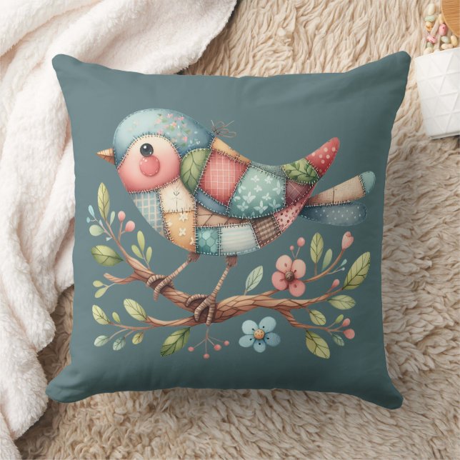 Patchwork Songbird auf der blühenden Zweigstelle Kissen (Decke)