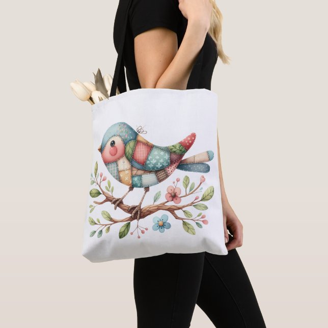 Patchwork Songbird auf der blühenden Zweigstelle Tasche (Von Nahem)