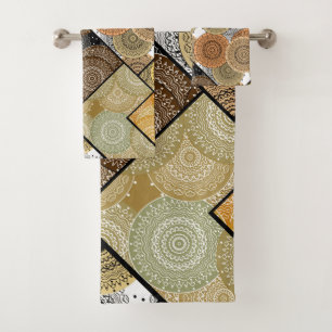 Patchwork Steppdecke Keramik Fliesen Kreise Mandal Badhandtuch Set
