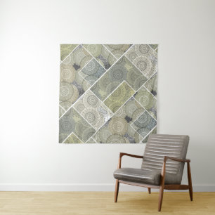 Patchwork Steppdecke Keramik Fliesen Kreise Mandal Wandteppich